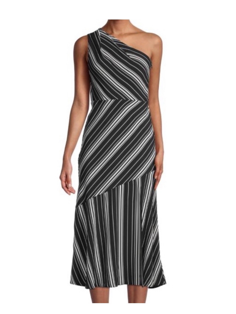 Sam Eldelman One-Shoulder Black & White Striped Midi Dress